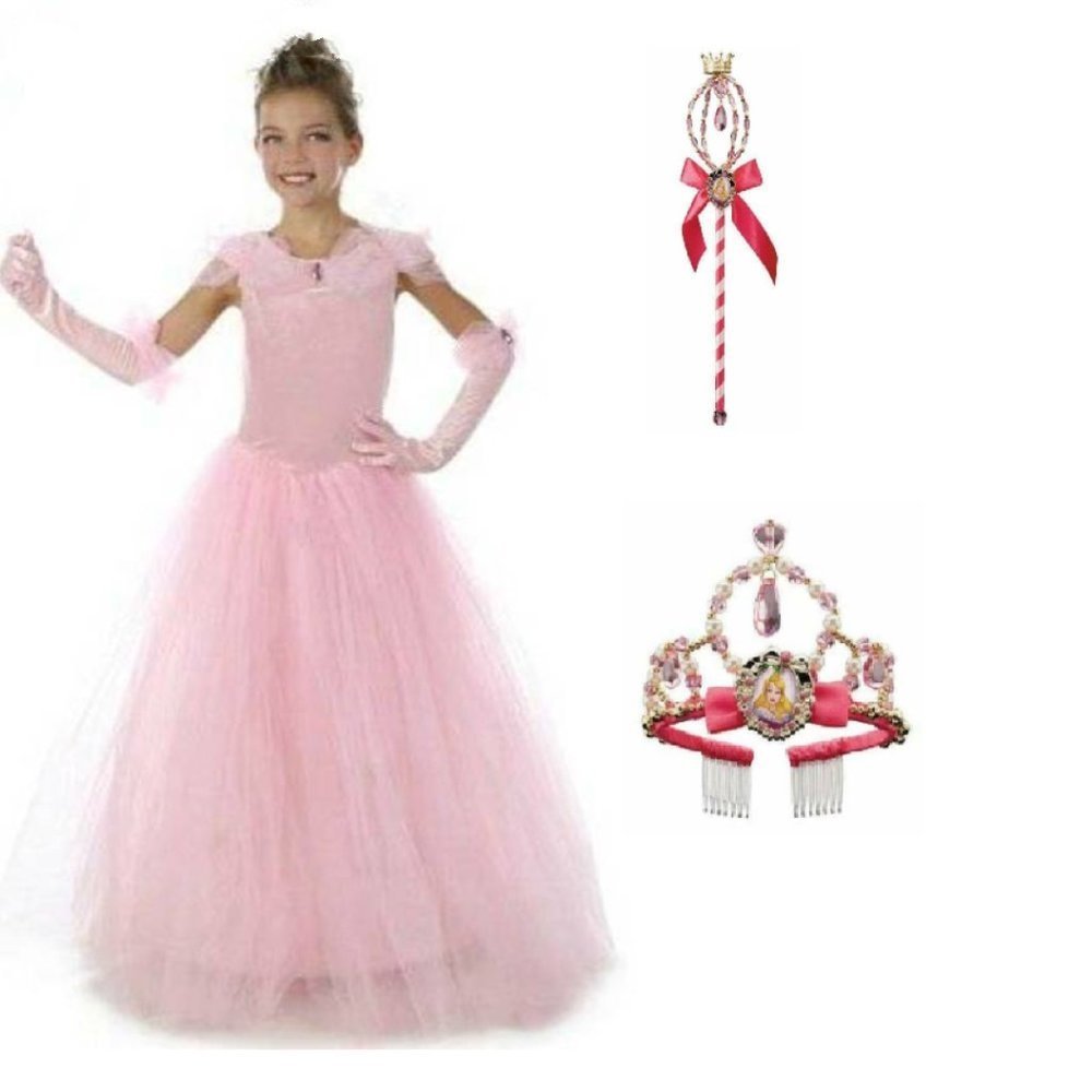 Princess Auria Halloween Costume XS Pink Gown Dress, Tiara & Wand 3 Pc Girls